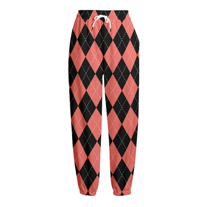 Black And Coral Argyle Pattern Print Fleece Lined Knit Pants