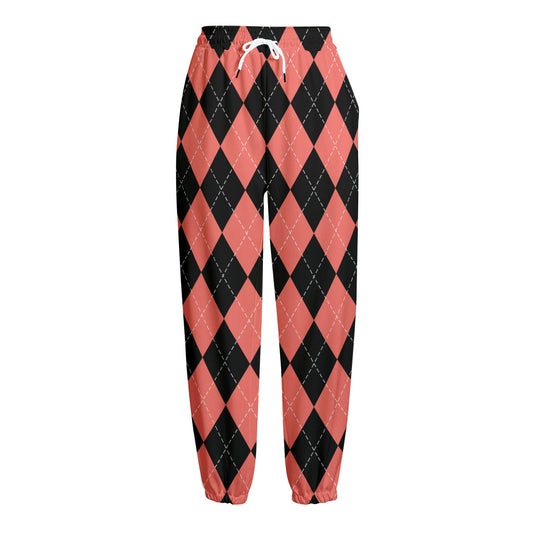 Black And Coral Argyle Pattern Print Fleece Lined Knit Pants