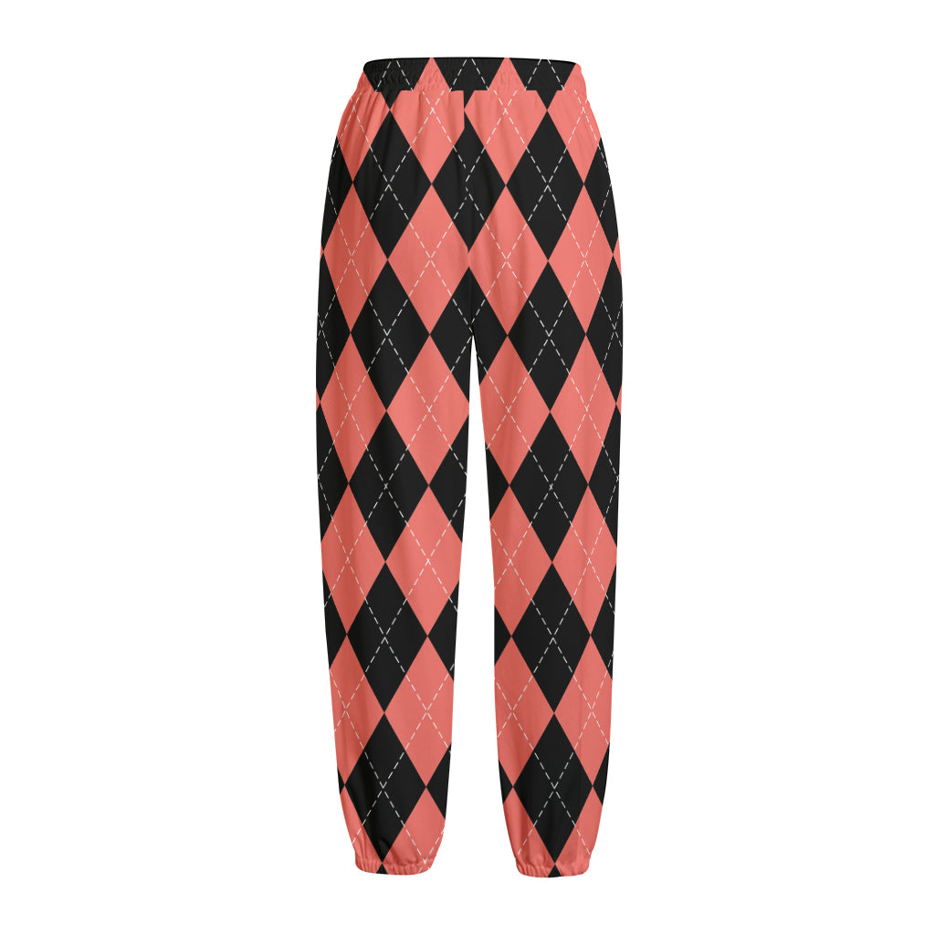 Black And Coral Argyle Pattern Print Fleece Lined Knit Pants