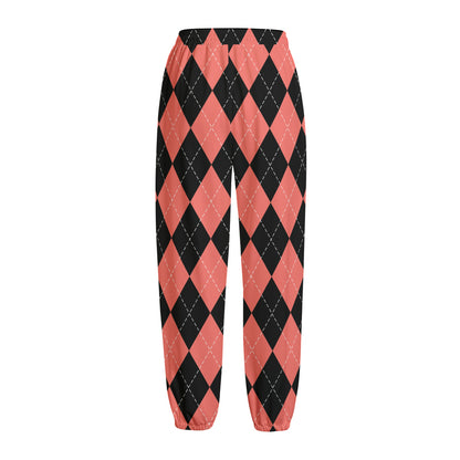 Black And Coral Argyle Pattern Print Fleece Lined Knit Pants