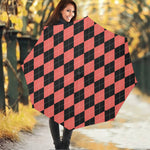 Black And Coral Argyle Pattern Print Foldable Umbrella