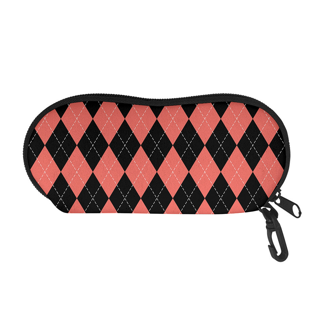 Black And Coral Argyle Pattern Print Glasses Case