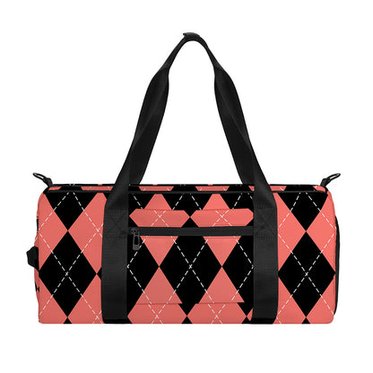 Black And Coral Argyle Pattern Print Gym Bag