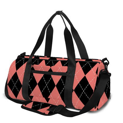 Black And Coral Argyle Pattern Print Gym Bag