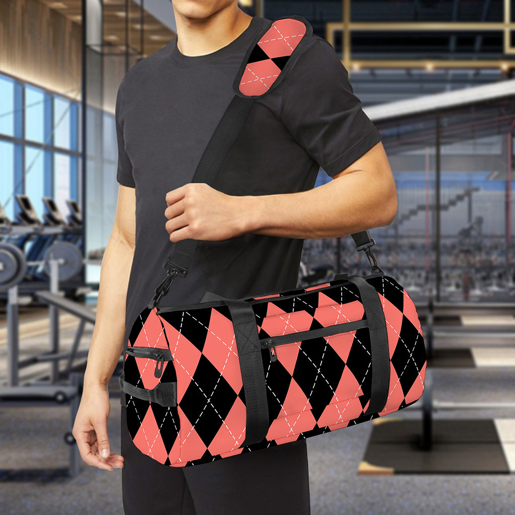 Black And Coral Argyle Pattern Print Gym Bag