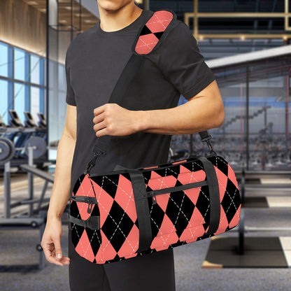 Black And Coral Argyle Pattern Print Gym Bag