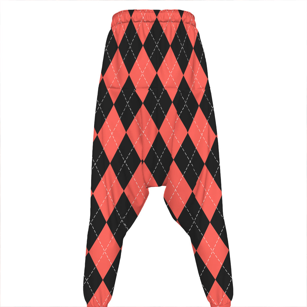 Black And Coral Argyle Pattern Print Hammer Pants