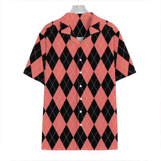 Black And Coral Argyle Pattern Print Hawaiian Shirt
