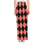 Black And Coral Argyle Pattern Print High Slit Maxi Skirt