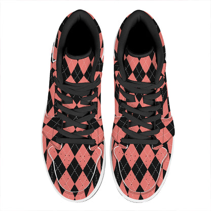 Black And Coral Argyle Pattern Print High Top Leather Sneakers