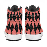 Black And Coral Argyle Pattern Print High Top Leather Sneakers