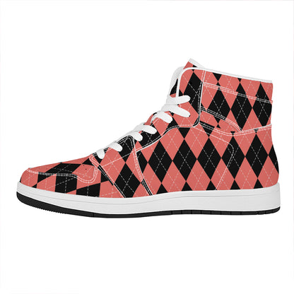 Black And Coral Argyle Pattern Print High Top Leather Sneakers