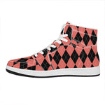 Black And Coral Argyle Pattern Print High Top Leather Sneakers