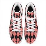 Black And Coral Argyle Pattern Print High Top Leather Sneakers