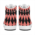 Black And Coral Argyle Pattern Print High Top Leather Sneakers