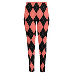 Black And Coral Argyle Pattern Print High-Waisted Pocket Leggings