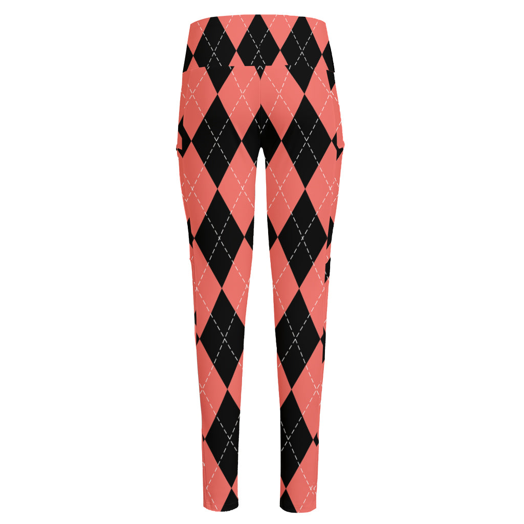 Black And Coral Argyle Pattern Print High-Waisted Pocket Leggings