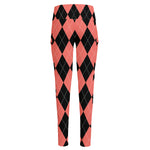 Black And Coral Argyle Pattern Print High-Waisted Pocket Leggings