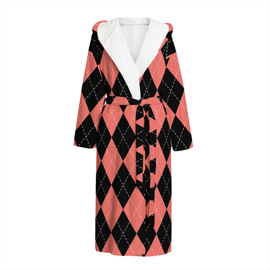 Black And Coral Argyle Pattern Print Hooded Bathrobe