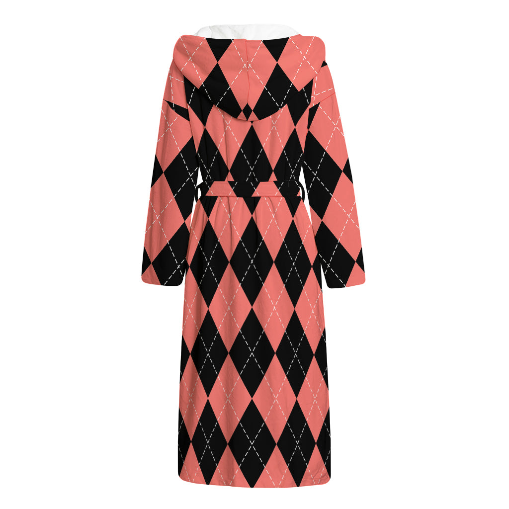 Black And Coral Argyle Pattern Print Hooded Bathrobe