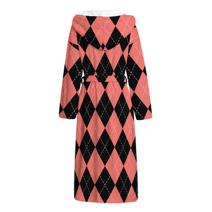 Black And Coral Argyle Pattern Print Hooded Bathrobe