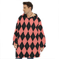 Black And Coral Argyle Pattern Print Hoodie Blanket