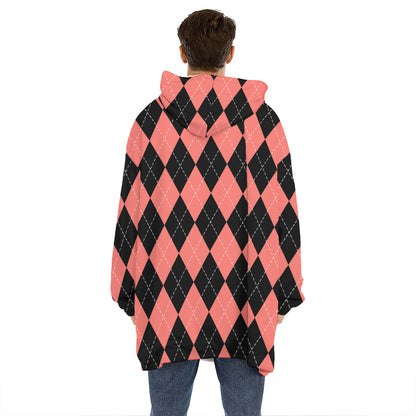 Black And Coral Argyle Pattern Print Hoodie Blanket