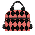 Black And Coral Argyle Pattern Print Insulated Lunch Bag