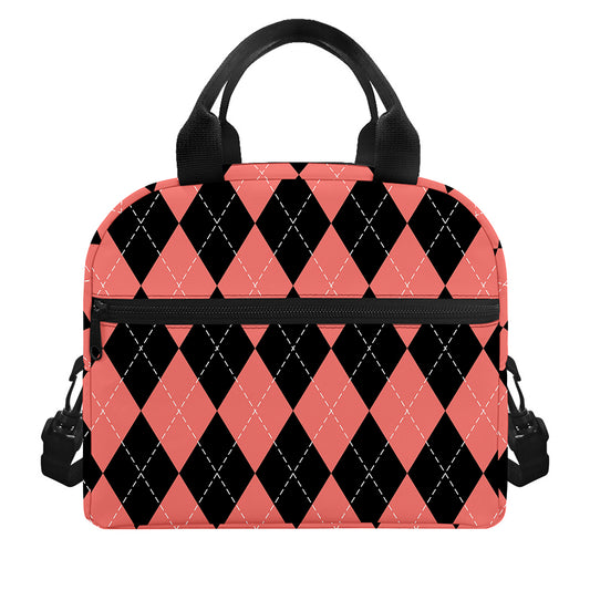 Black And Coral Argyle Pattern Print Insulated Lunch Bag