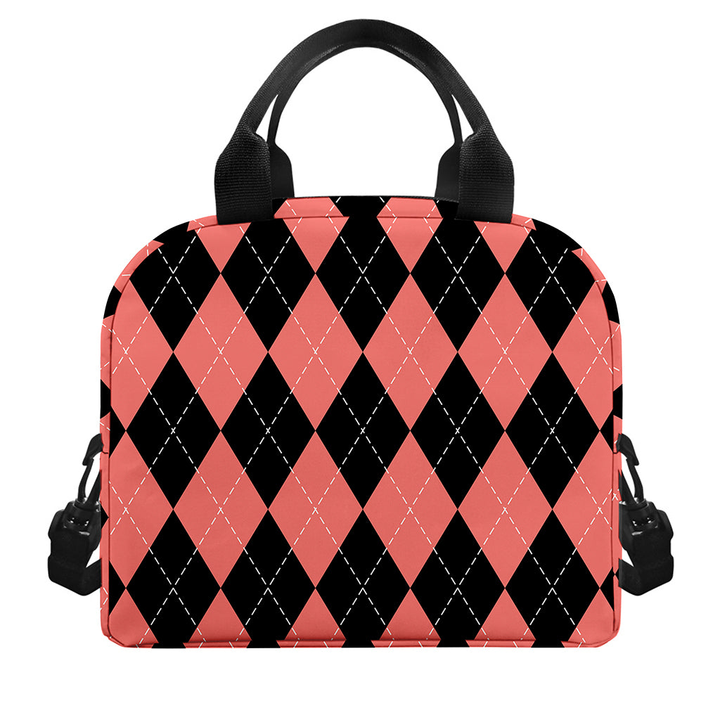 Black And Coral Argyle Pattern Print Insulated Lunch Bag