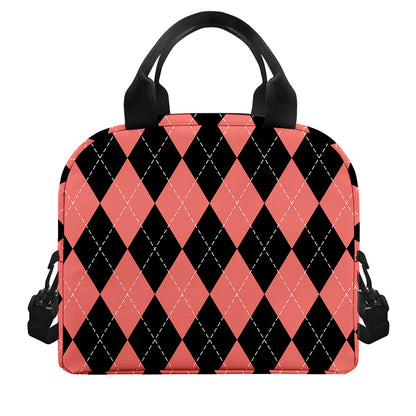 Black And Coral Argyle Pattern Print Insulated Lunch Bag