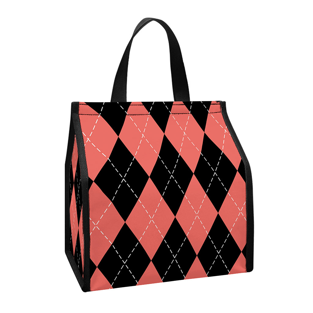 Black And Coral Argyle Pattern Print Insulated Lunch Tote