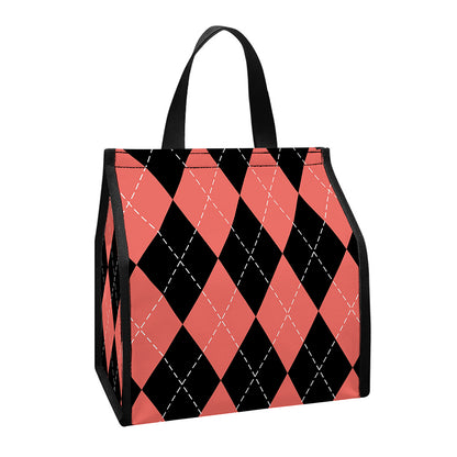 Black And Coral Argyle Pattern Print Insulated Lunch Tote