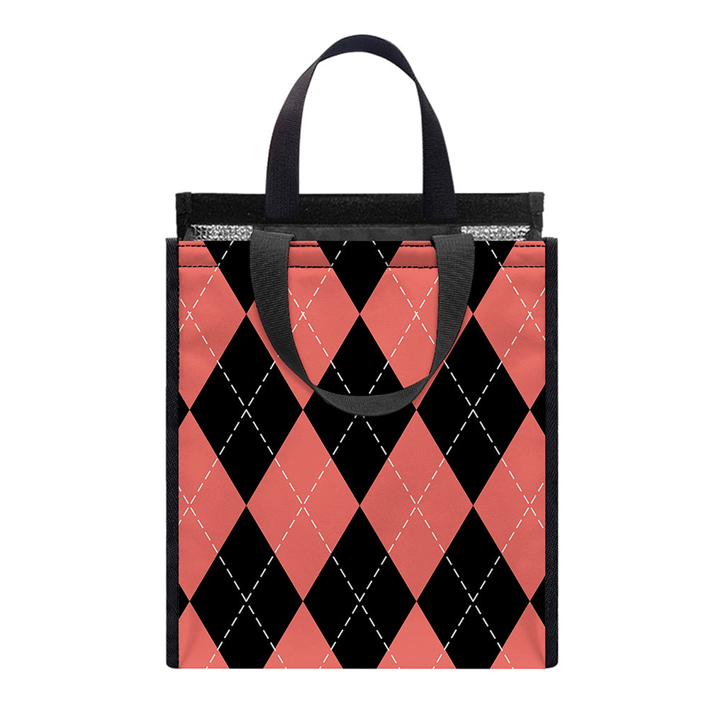 Black And Coral Argyle Pattern Print Insulated Lunch Tote