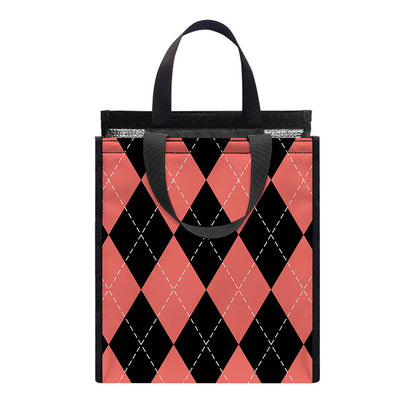 Black And Coral Argyle Pattern Print Insulated Lunch Tote