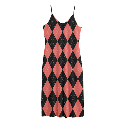Black And Coral Argyle Pattern Print Jersey Midi Cami Dress