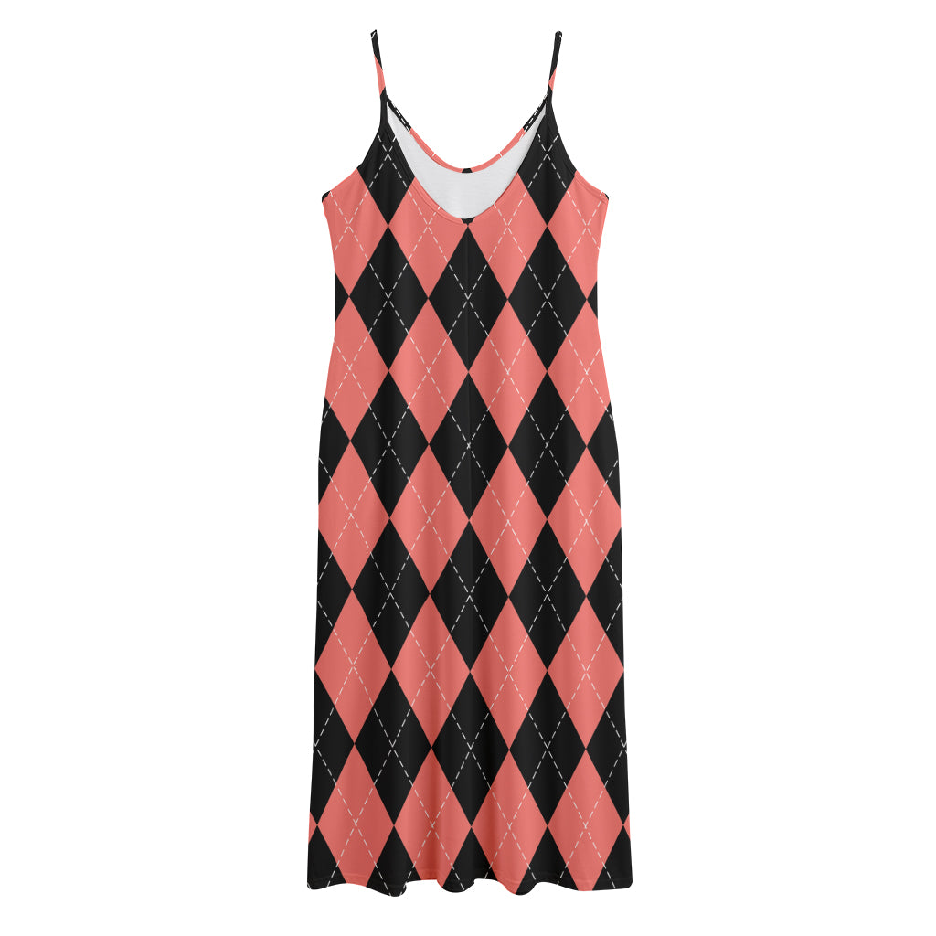 Black And Coral Argyle Pattern Print Jersey Midi Cami Dress