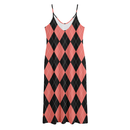 Black And Coral Argyle Pattern Print Jersey Midi Cami Dress
