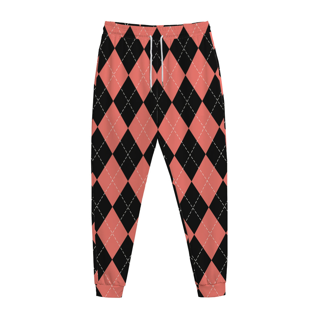 Black And Coral Argyle Pattern Print Jogger Pants