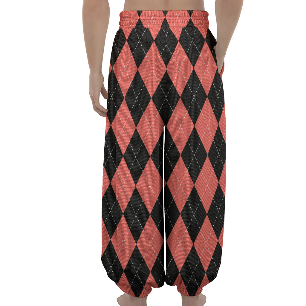Black And Coral Argyle Pattern Print Lantern Pants