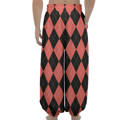 Black And Coral Argyle Pattern Print Lantern Pants