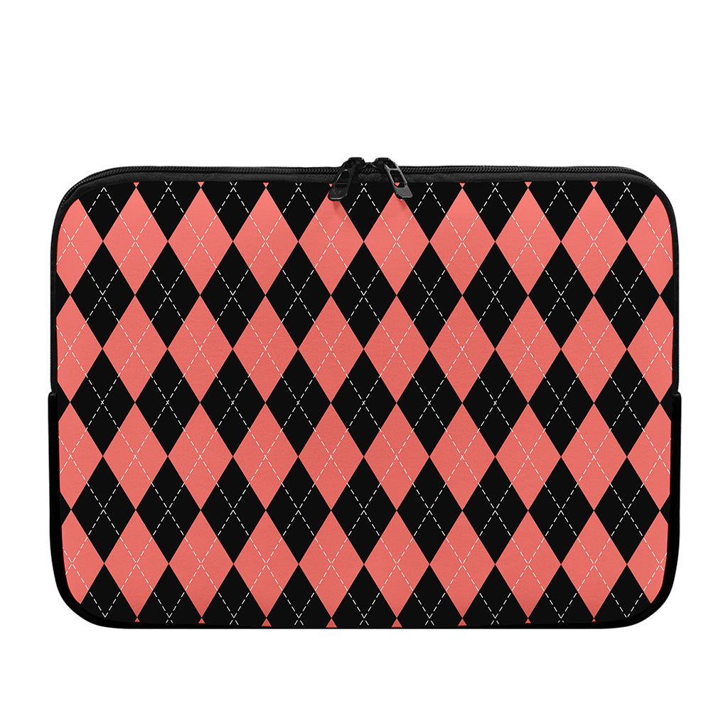Black And Coral Argyle Pattern Print Laptop Sleeve