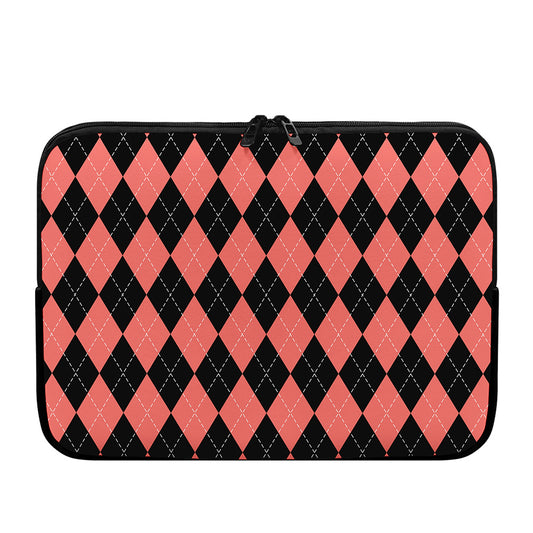 Black And Coral Argyle Pattern Print Laptop Sleeve