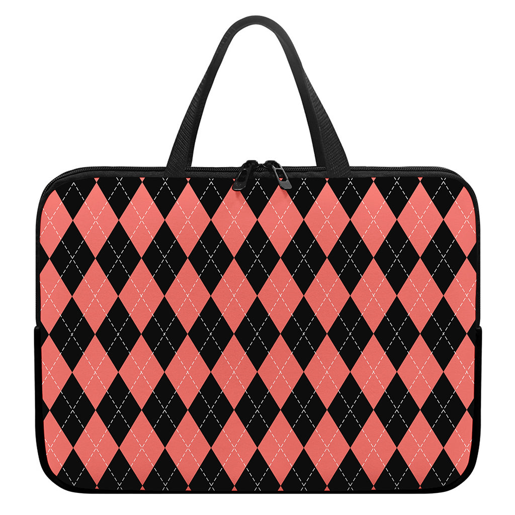 Black And Coral Argyle Pattern Print Laptop Sleeve With Handle