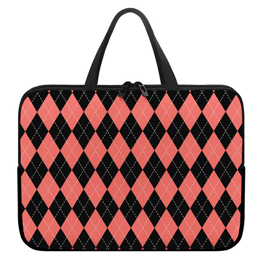 Black And Coral Argyle Pattern Print Laptop Sleeve With Handle