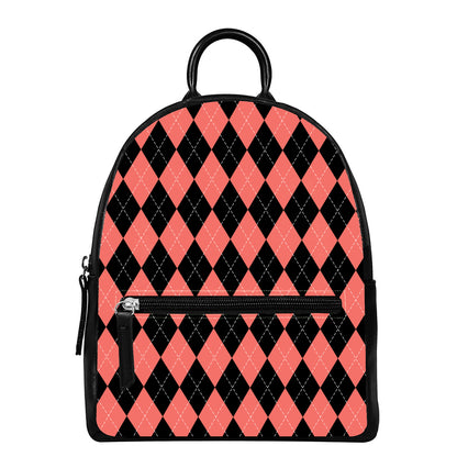 Black And Coral Argyle Pattern Print Leather Backpack