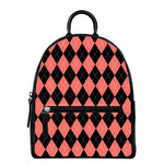 Black And Coral Argyle Pattern Print Leather Backpack