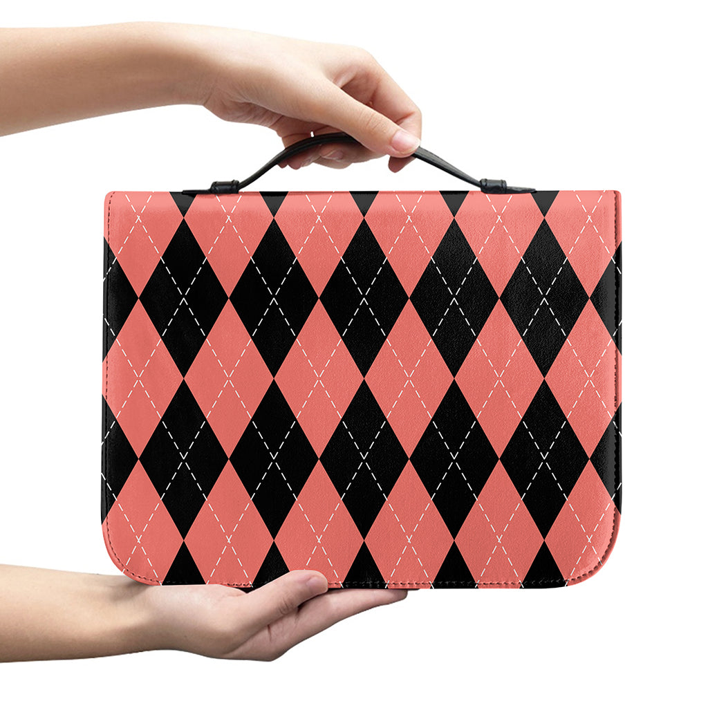 Black And Coral Argyle Pattern Print Leather Bible Cover