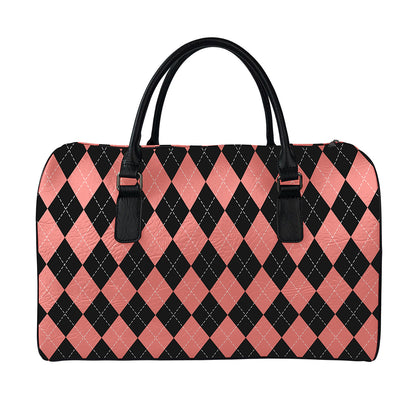 Black And Coral Argyle Pattern Print Leather Duffle Bag