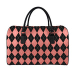 Black And Coral Argyle Pattern Print Leather Duffle Bag